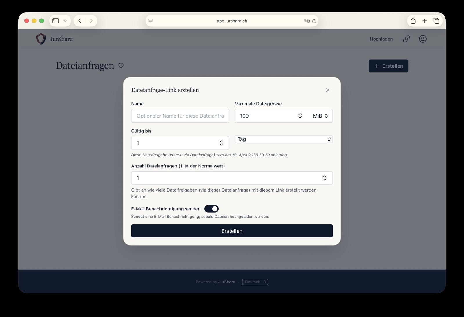 JurShare-Dialog: Dokumentenanfrage mit aktivierbarer Nachreichungs-Option