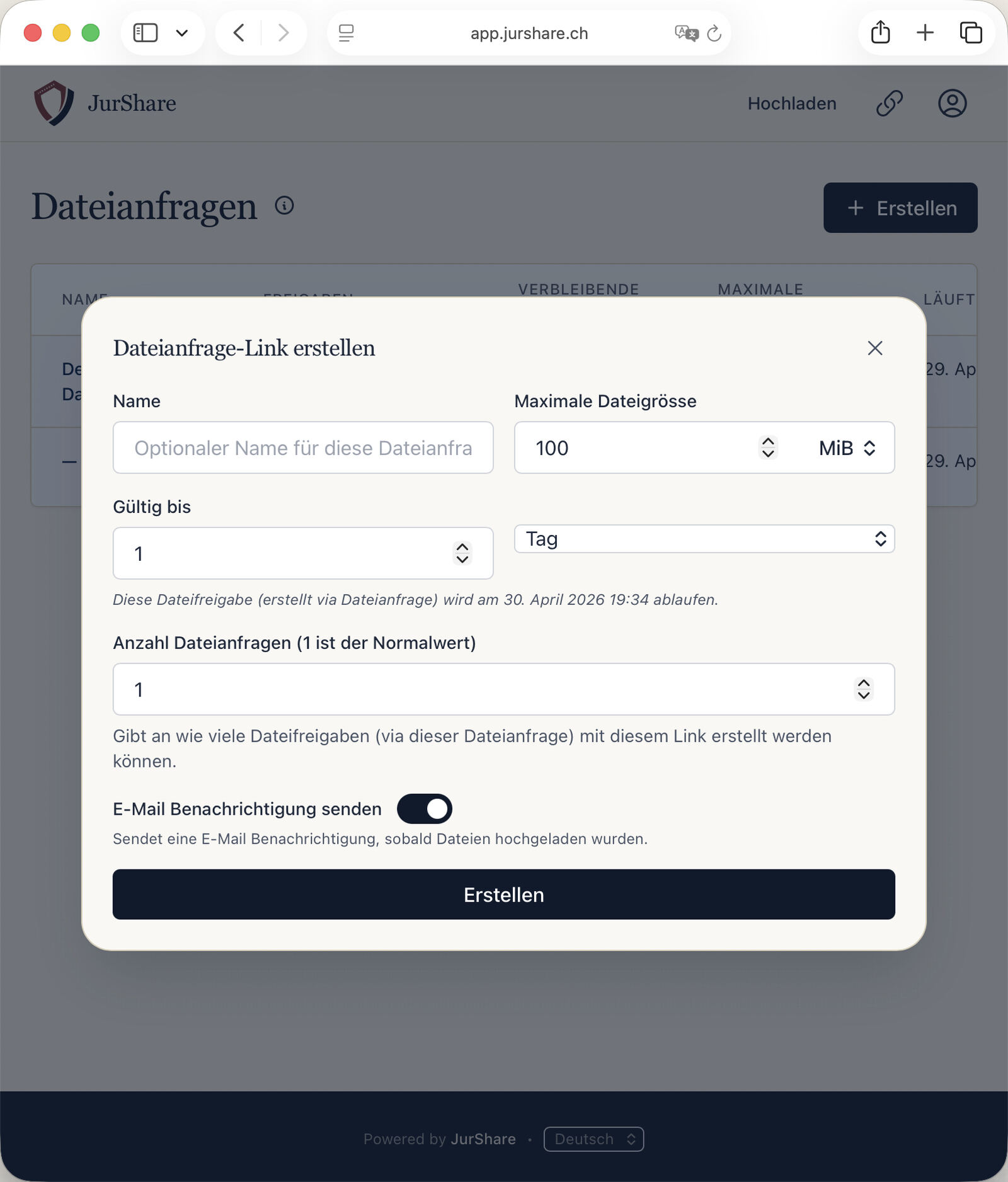 JurShare-Dialog zum Erstellen einer Dokumentenanfrage mit Gültigkeit und Benachrichtigung