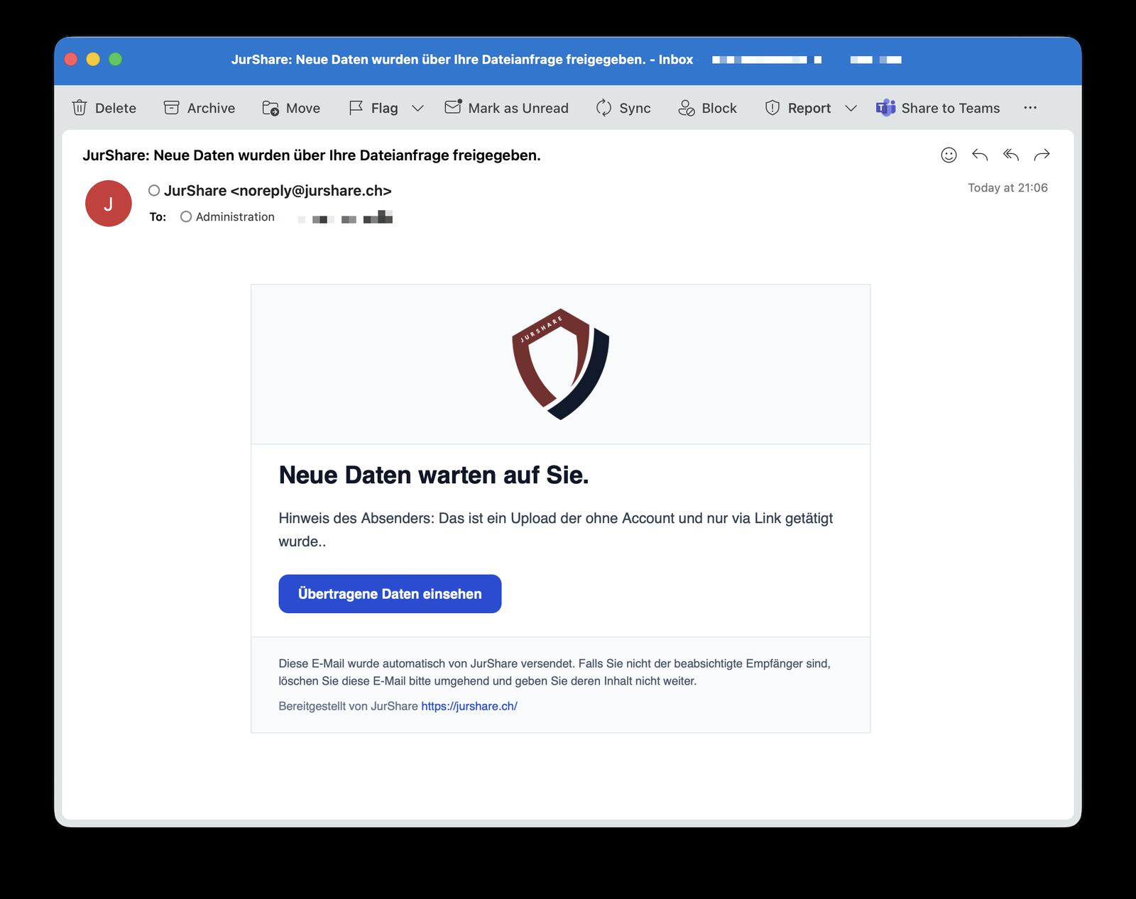 E-Mail-Benachrichtigung: Neue Dokumente über die Dateianfrage eingegangen