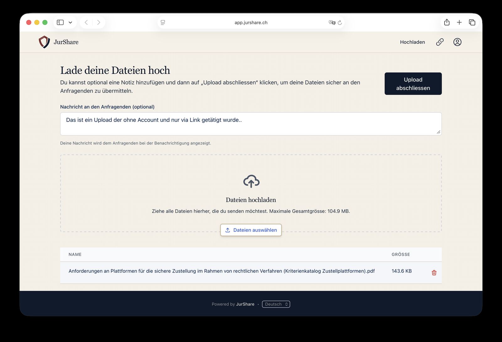 Klientenansicht: Dokumente ohne Konto über einen Upload-Link einreichen