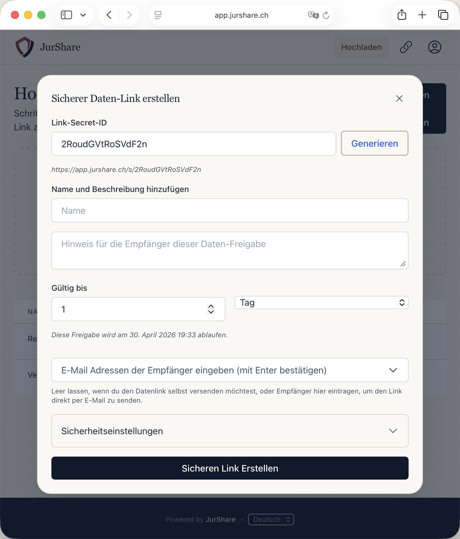 Dialog «Sicherer Daten-Link erstellen» mit Gültigkeit und Empfängern
