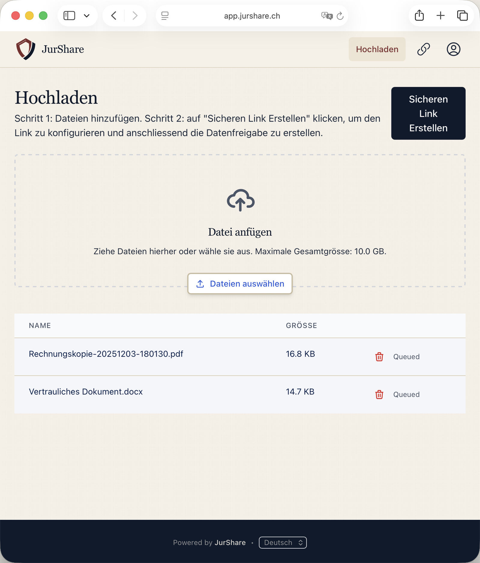 Upload-Ansicht in JurShare mit juristischen Dokumenten